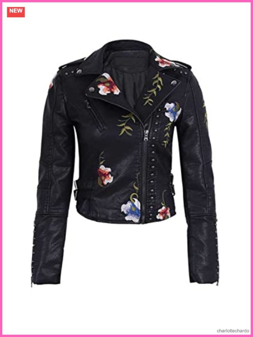 Women's Embroidered Studded Faux Leather Moto Jacket Floral Biker Coat